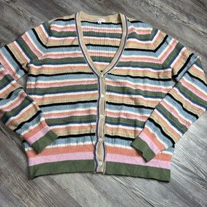 Minnie Rose Women’s Striped Button Front Cardigan Small Multicolor Knit V-Neck